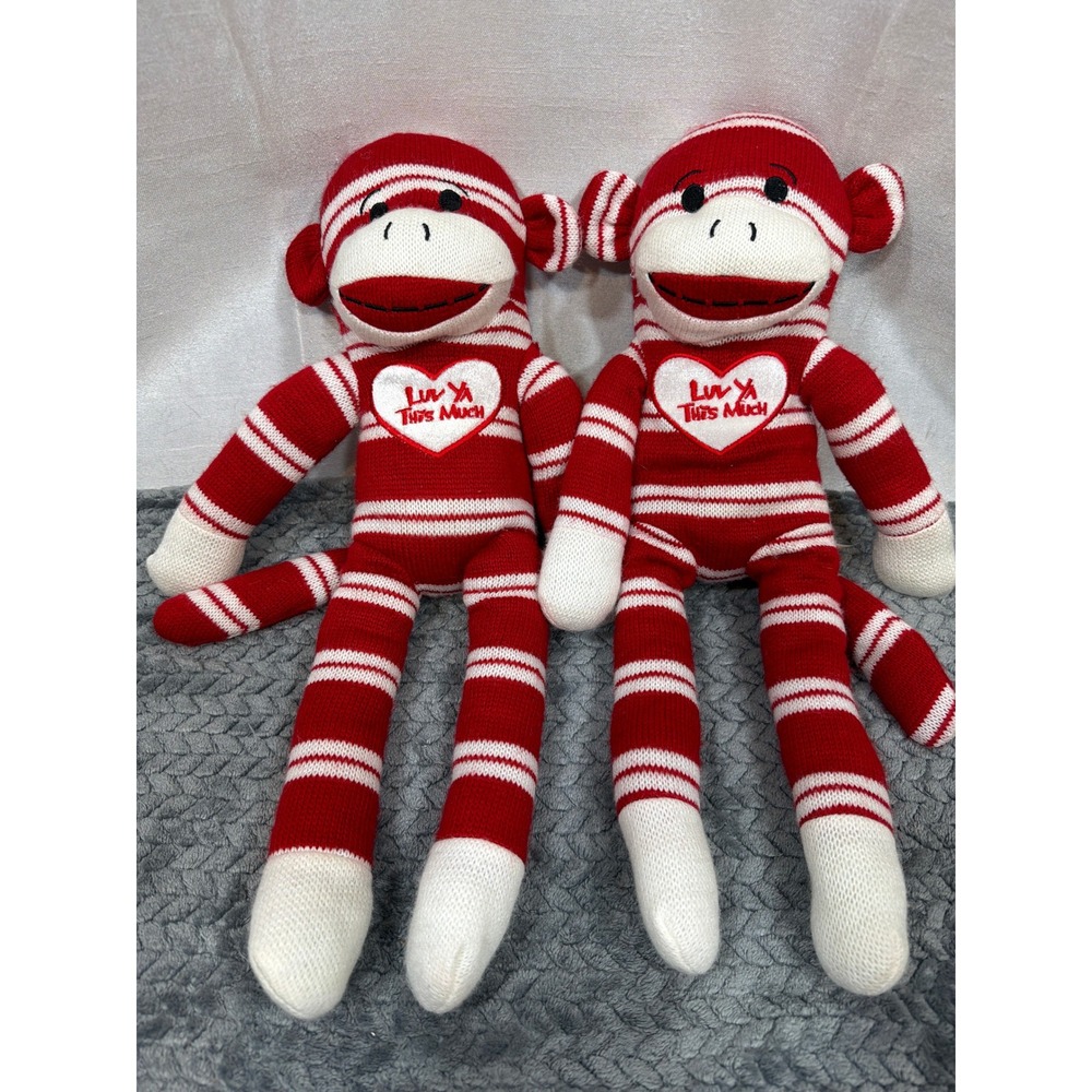 Dan Dee Collector's Choice Red White Striped Sock Monkey Plush Pair Luv Ya Heart